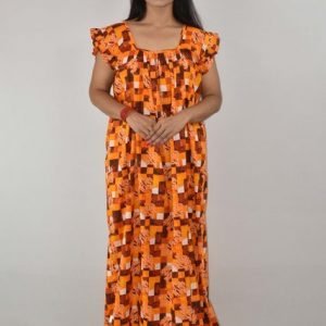Yellow Cotton Maxi Nighty Square Neck Short Sleeves with pleats