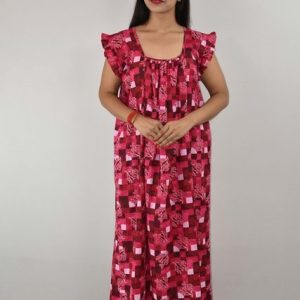 Pink Cotton Maxi Nighty Square Neck Short Sleeves with pleats