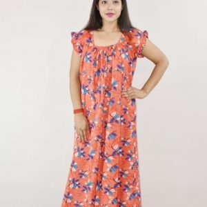 Red Cotton Maxi Nighty Square Neck Short Sleeves with pleats