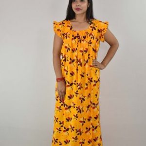 Yellow Cotton Maxi Nighty Square Neck Short Sleeves with pleats