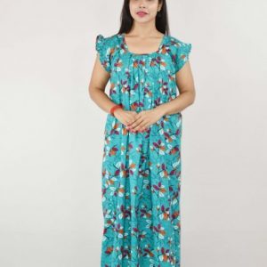 Green Cotton Maxi Nighty Square Neck Short Sleeves with pleats