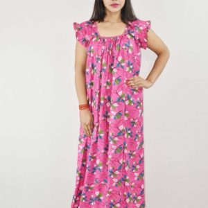 Pink Cotton Maxi Nighty Square Neck Short Sleeves with pleats
