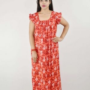 Red Cotton Maxi Nighty Square Neck Short Sleeves with pleats