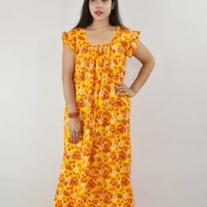 Yellow Cotton Maxi Nighty Square Neck Short Sleeves with pleats