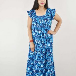 Blue Cotton Maxi Nighty Square Neck Short Sleeves with pleats