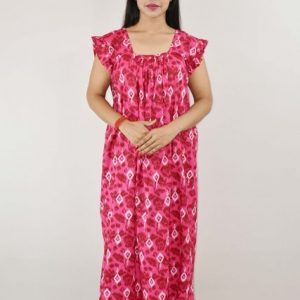 Pink Cotton Maxi Nighty Square Neck Short Sleeves with pleats