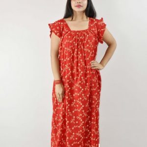 Red Cotton Maxi Nighty Square Neck Short Sleeves with pleats