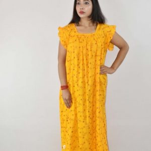 Yellow Cotton Maxi Nighty Square Neck Short Sleeves with pleats