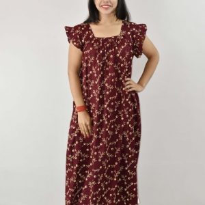 Maroon Cotton Maxi Nighty Square Neck Short Sleeves with pleats