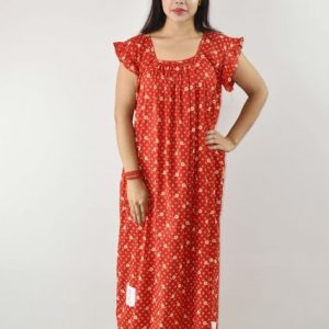 Red Cotton Maxi Nighty Square Neck Short Sleeves with pleats