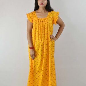 Yellow Cotton Maxi Nighty Square Neck Short Sleeves with pleats