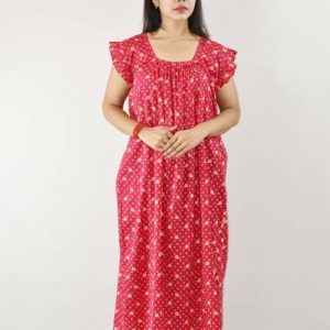 Pink Cotton Maxi Nighty Square Neck Short Sleeves with pleats