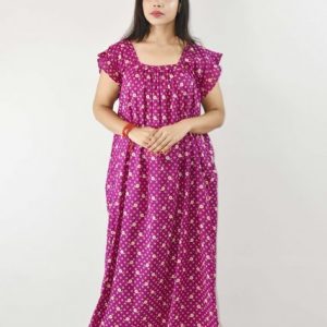 Purple Cotton Maxi Nighty Square Neck Short Sleeves with pleats