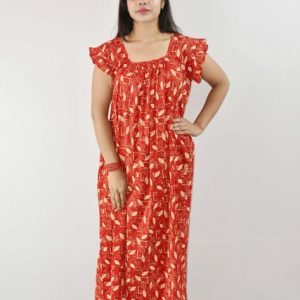 Red Cotton Maxi Nighty Square Neck Short Sleeves with pleats