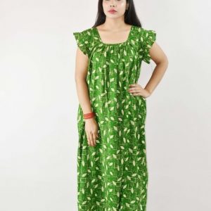 Green Cotton Maxi Nighty Square Neck Short Sleeves with pleats