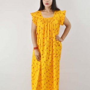 Yellow Cotton Maxi Nighty Square Neck Short Sleeves with pleats