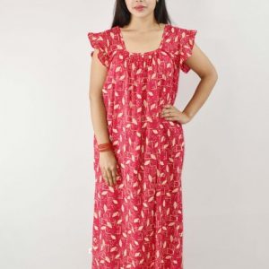 Pink Cotton Maxi Nighty Square Neck Short Sleeves with pleats