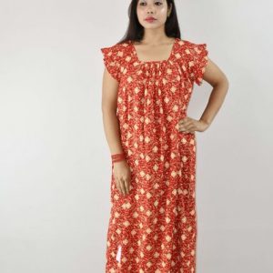 Red Cotton Maxi Nighty Square Neck Short Sleeves with pleats