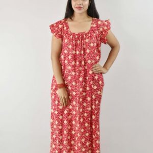 Pink Cotton Maxi Nighty Square Neck Short Sleeves with pleats