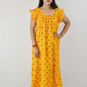 Yellow Cotton Maxi Nighty Square Neck Short Sleeves with pleats