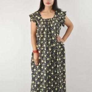 Blue Cotton Maxi Nighty Square Neck Short Sleeves with pleats