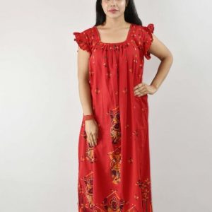 Red Gujri Maxi Nighty Square Neck Short Sleeves with pleats