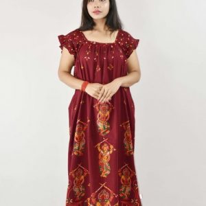 Maroon Gujri Maxi Nighty Square Neck Short Sleeves with pleats