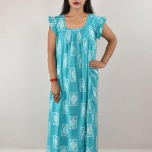 Sky Blue Cotton Maxi Nighty Square Neck Short Sleeves with pleats