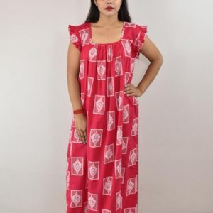 Red Cotton Maxi Nighty Square Neck Short Sleeves with pleats
