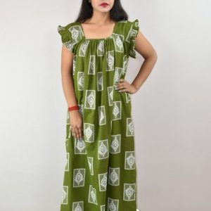 Green Cotton Maxi Nighty Square Neck Short Sleeves with pleats