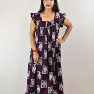 Purple Cotton Maxi Nighty Square Neck Short Sleeves with pleats