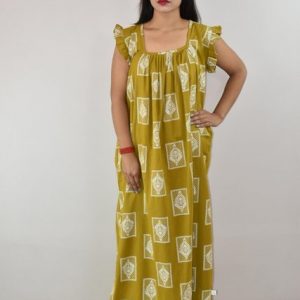 Yellow Cotton Maxi Nighty Square Neck Short Sleeves with pleats