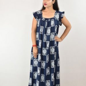 Navy Blue Cotton Maxi Nighty Square Neck Short Sleeves with pleats