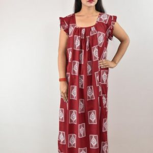 Maroon Cotton Maxi Nighty Square Neck Short Sleeves with pleats
