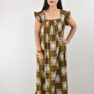Yellow Cotton Maxi Nighty Square Neck Short Sleeves with pleats