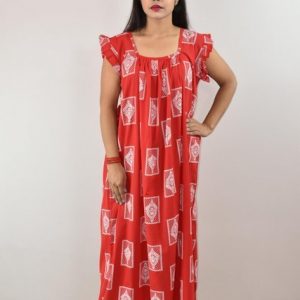 Red Cotton Maxi Nighty Square Neck Short Sleeves with pleats