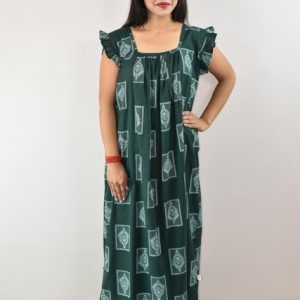 Mint Green Cotton Maxi Nighty Square Neck Short Sleeves with pleats