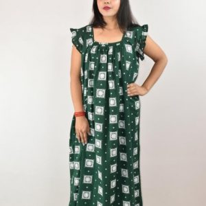 Mint Green Cotton Maxi Nighty Square Neck Short Sleeves with pleats