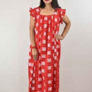 Red Cotton Maxi Nighty Square Neck Short Sleeves with pleats