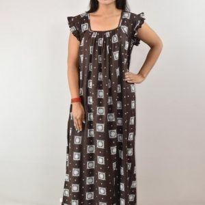 Black Cotton Maxi Nighty Square Neck Short Sleeves with pleats