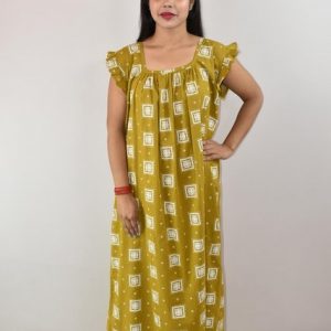 Yellow Cotton Maxi Nighty Square Neck Short Sleeves with pleats