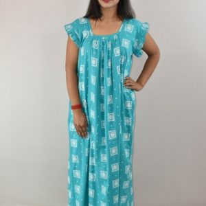 Sky Blue Cotton Maxi Nighty Square Neck Short Sleeves with pleats