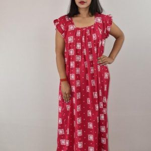 Red Cotton Maxi Nighty Square Neck Short Sleeves with pleats