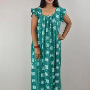 sea Green Cotton Maxi Nighty Square Neck Short Sleeves with pleats