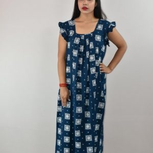 Blue Cotton Maxi Nighty Square Neck Short Sleeves with pleats