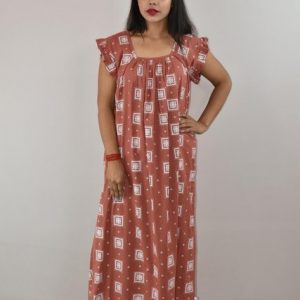 Peach Cotton Maxi Nighty Square Neck Short Sleeves with pleats