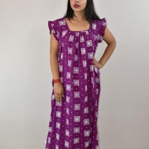 Purple Cotton Maxi Nighty Square Neck Short Sleeves with pleats
