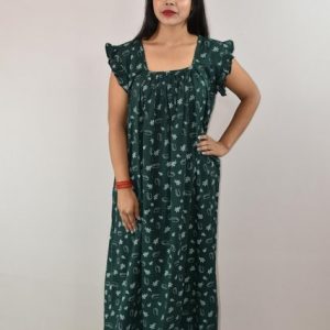 Mint Green Cotton Maxi Nighty Square Neck Short Sleeves with pleats