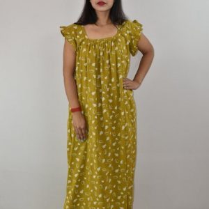 Yellow Cotton Maxi Nighty Square Neck Short Sleeves with pleats