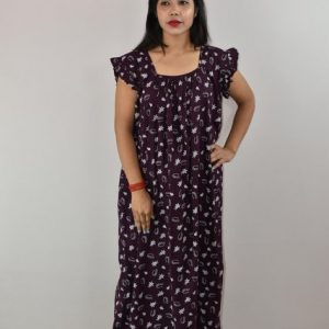 Purple Cotton Maxi Nighty Square Neck Short Sleeves with pleats